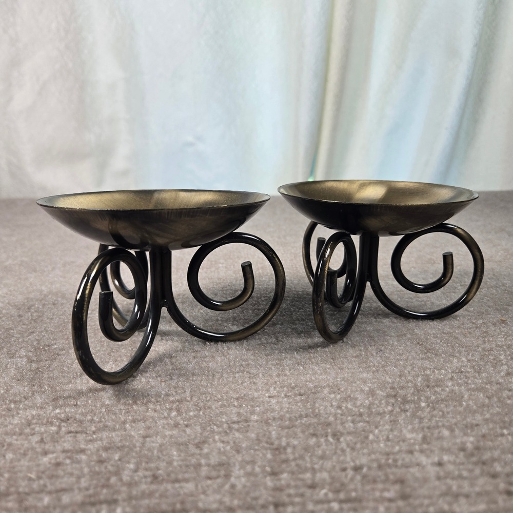 Set of 2 Bronze Gold Scroll Metal Pillar Candle Holders Brushed Finish 3.5in - Picture 2 of 6